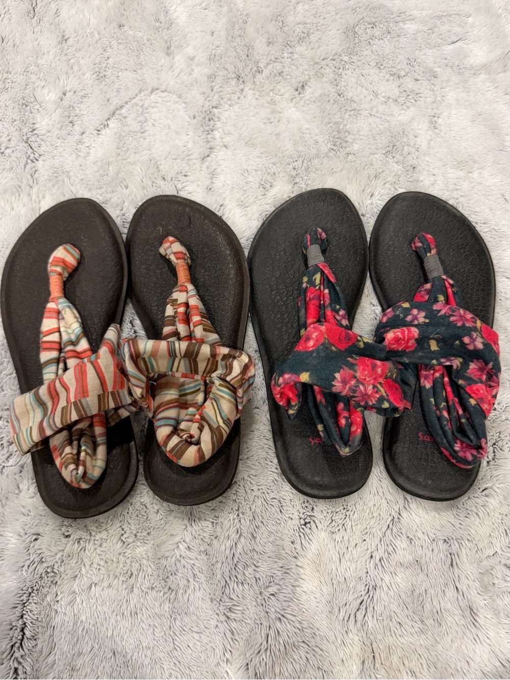 Sanuk Women's Black Flip Sandals with Multi-Color Striped and Floral Wraps